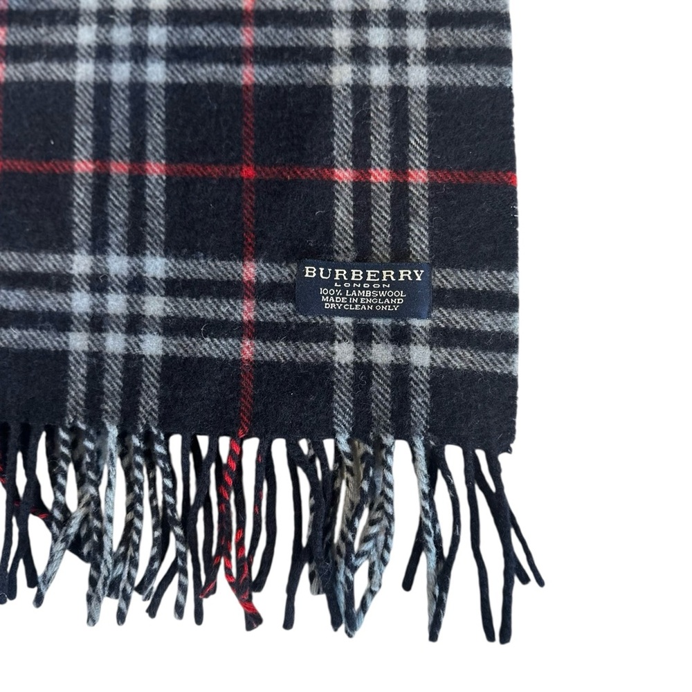 Vtg Burberry London Scarf 100% Lambswool Navy Blue Tartan Plaid 74x12” - Picture 2 of 3